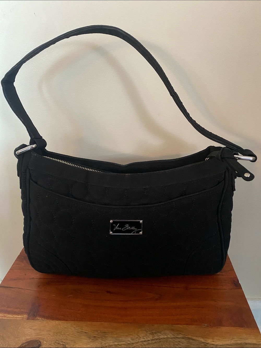 Vera Bradley black quilted modern minimalist shoulder bag.
